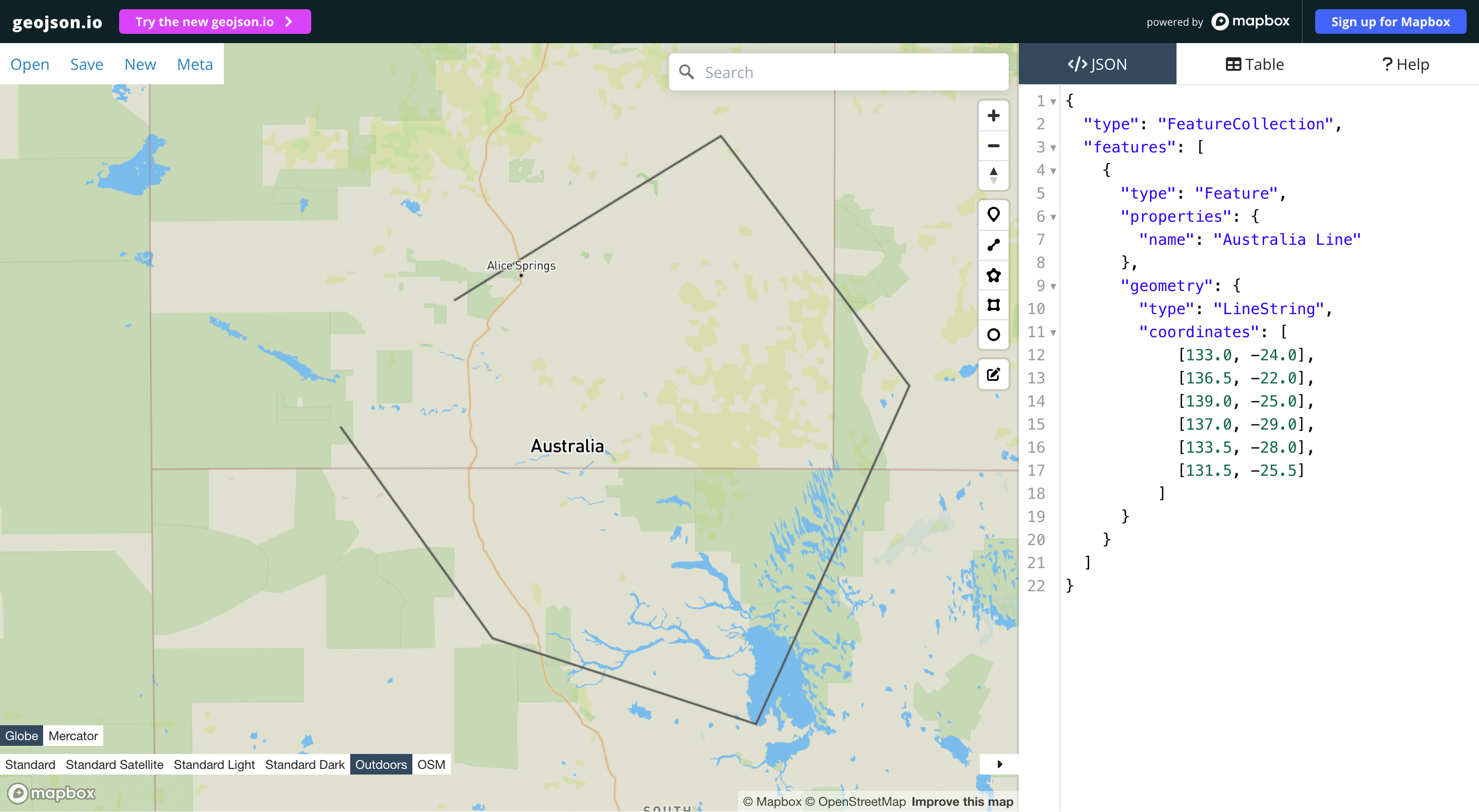 GeoJSON linestring visualized